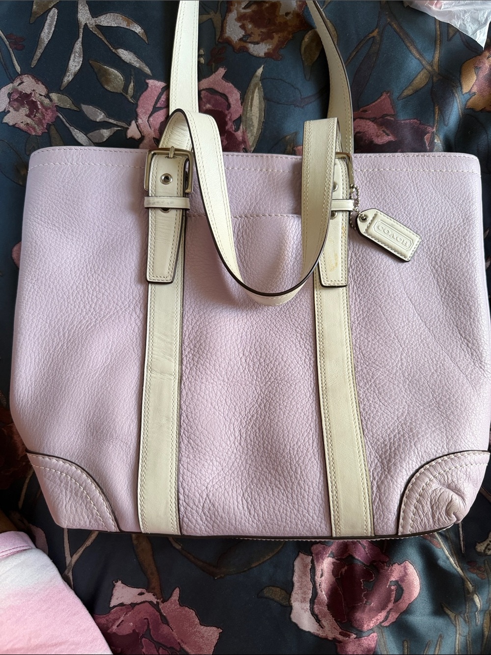 Coach Lavender Pebbled Leather Tote with Cream Straps and Matching Wristlet